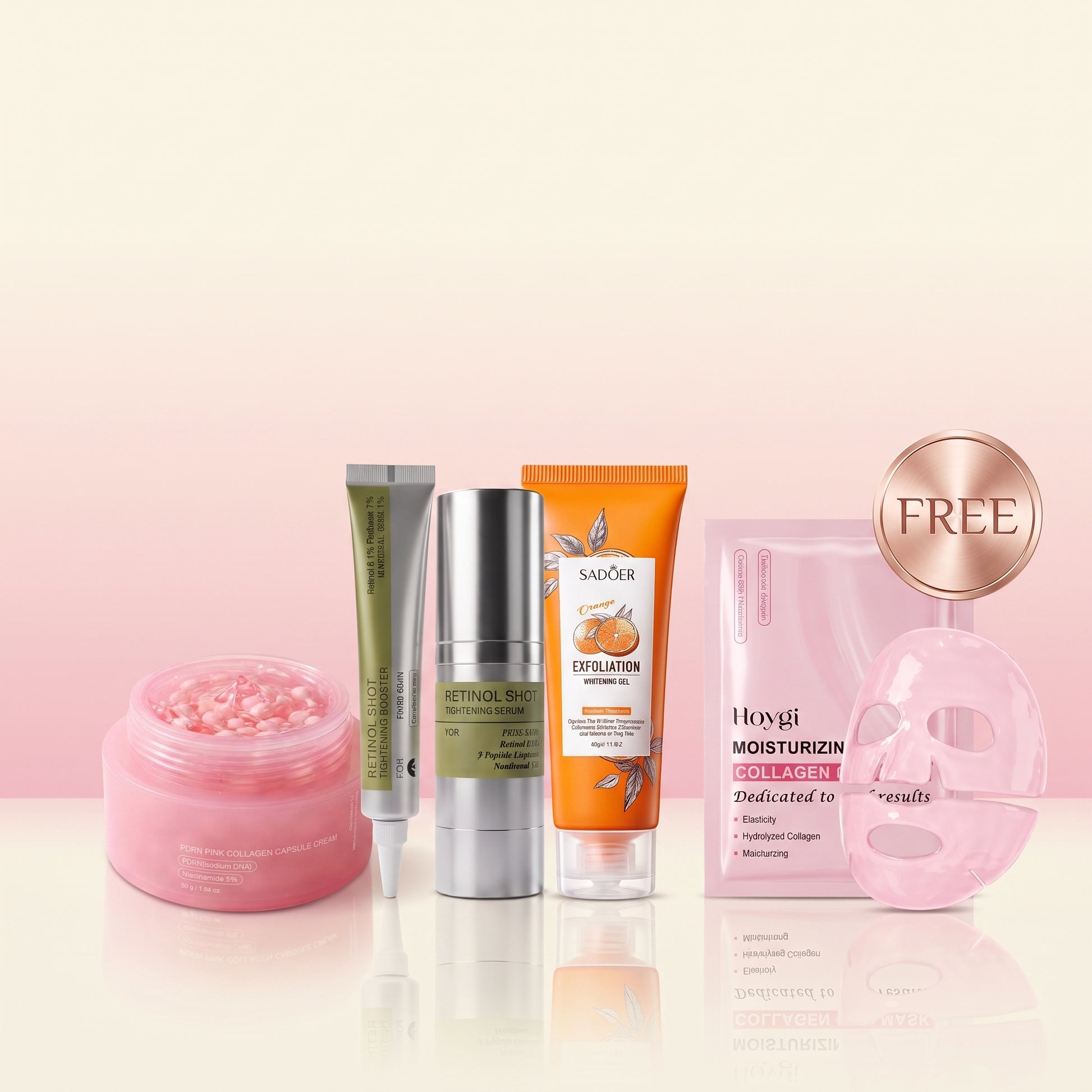 Le Pack Routine PopLaneBeauty — Crème Repulpante Collagène, Firming Duo Vita-A, Gel Exfoliant Éclat Orange et Masque Nuit PDRN Saumon offert, packshot K-beauty